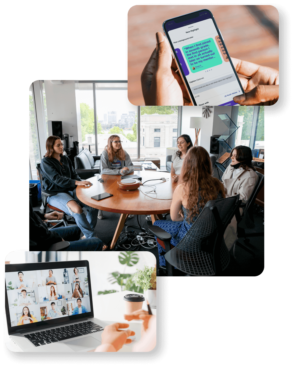 A spread of photos: a screenshof of the app, people talking around our custom hardware, the Hearth, and a screenshot of a zoom call.
